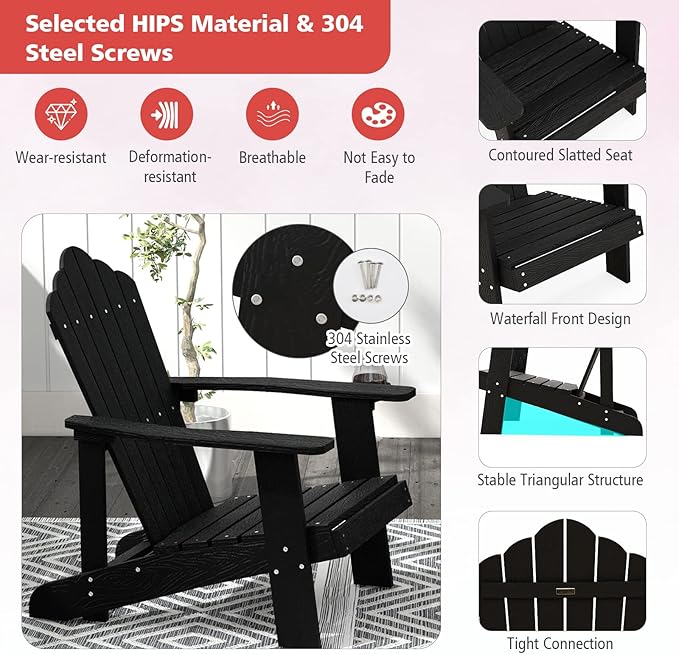 Tangkula Oversized Adirondack Chair, Patio Lounge Chairs w/Adjustable Cup Holder, HIPS Armchairs Slatted Chair, Outdoor Weather Resistant Fire Pit Chair for Deck Backyard Garden Porch (1, Black)