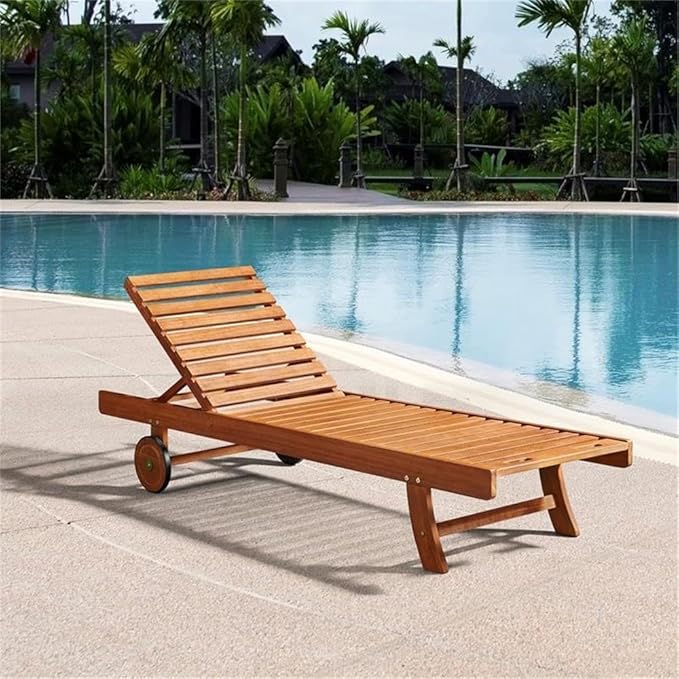 Eucalyptus Wood Outdoor Reclining Lounge Chair with Wheels 5 Position Adjustable Back 73 in. x 24 in. Weather-Resistant - Photo 2
