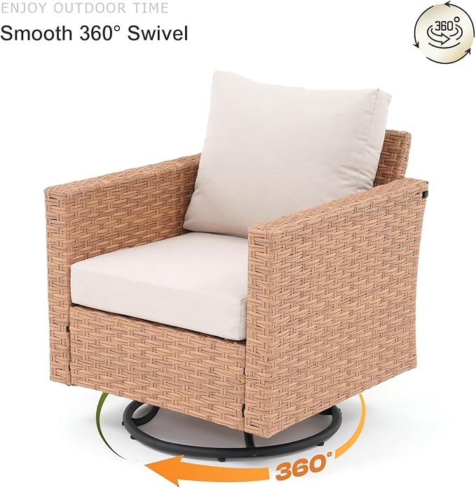 SUNSITT 3-Pieces Patio Furniture Set, Outdoor Wicker Swivel Rocker Chairs with Wood Top Side Table & Thick Comfy Cushions, for Porch, Balcony, Deck, Natural Rattan Color