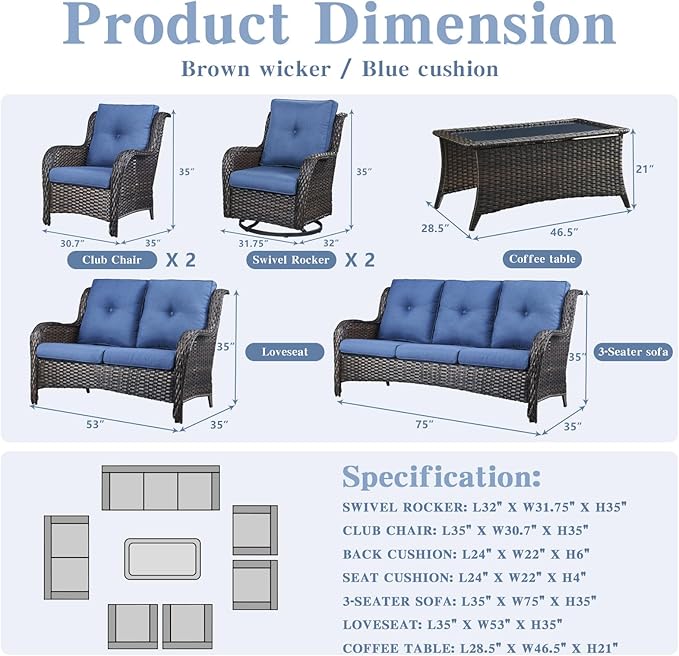Belord Outdoor Furniture Wicker Conversation Sets - 7 Piece Patio Rattan Furniture Sets with Swivel Rocker Chairs - Photo 3
