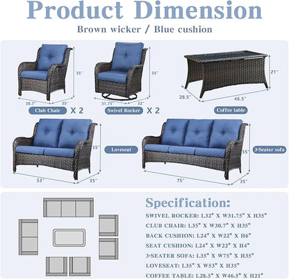 Belord Outdoor Furniture Wicker Conversation Sets - 7 Piece Patio Rattan Furniture Sets with Swivel Rocker Chairs Outdoor Sofa for Porch Deck Backyard Brown/Blue