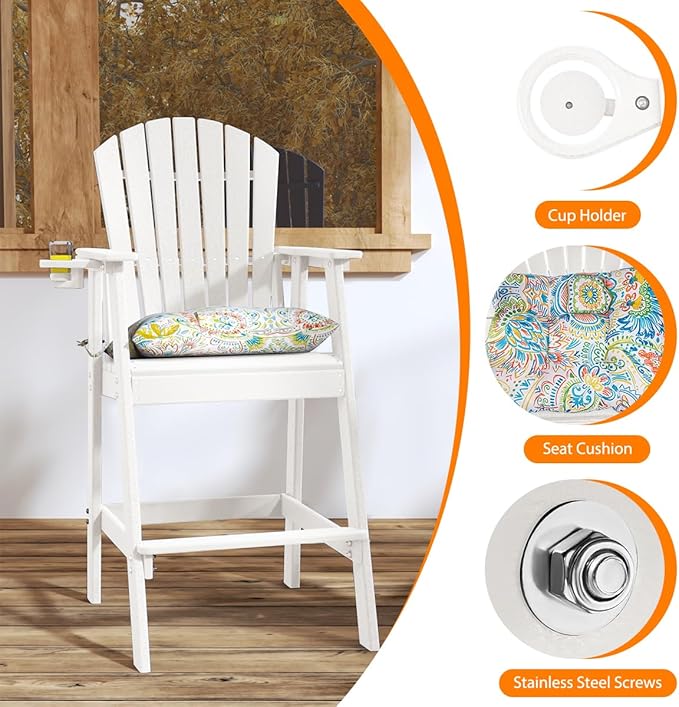 Sundale Outdoor Adirondack Bar Stool, Patio HDPE Bar Chair with Backrest - Photo 4