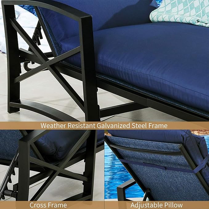 PatioFestival Patio Lounge Chair Cushioned Textilene Chaise Lounger Outdoor with Adjustable Back 3.1" Thickness Long - Photo 6
