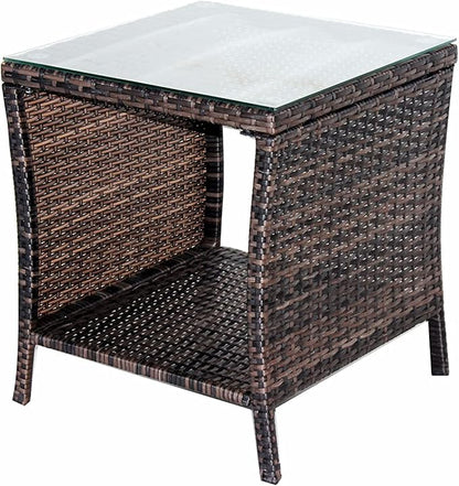 Rattan Wicker Side Table Glass Coffee Table for Outdoor Backyard Lawn Balcony Pool Square Tempered Glass Top Wicker Rattan End Table Furniture with Storage (Brown2)