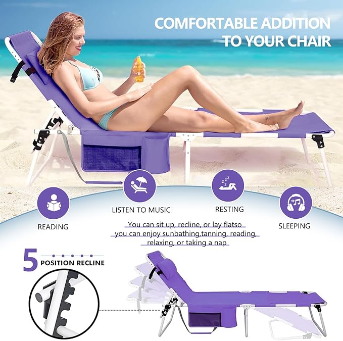 Tanning Chair with Face Hole, Adjustable Folding Chaise Lounge Chairs for Outside with Detachable Pillow & - Photo 4