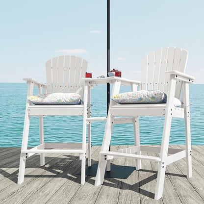 Sundale Outdoor Tall Adirondack Chairs Set of 2 with Table, Patio HDPE Bar Set, 3 PCS Counter Height Dining Bistro Set, Pub Table with Stools, 2 Umbrella Hole Caps, White