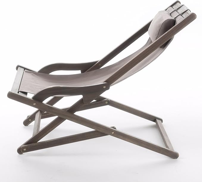 Grey Wooden Beach Sling Chair Set of 2 Outdoor Lounge Chairs for Pool Patio Backyard and Beach with Pillow Comfortable Folding Portable Recliner