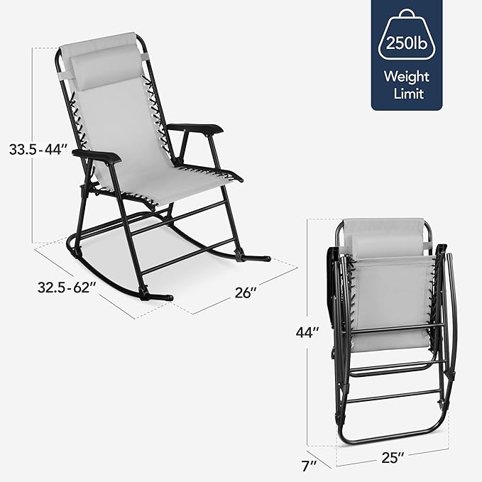 Best Choice Products Outdoor Folding Rocking Chair, Zero Gravity Lounge Chair, Patio Rocker w/Headrest Pillow - Ice Gray - Photo 3