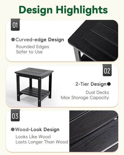 Kibaso-Adirondack Outdoor Side Table, 2-Tier HDPE Outdoor End Table, Weather Resistant Easy Maintenance, Small Patio Side Table for Patio, Pool, Porch, Garden, Lawn, and Living Room (1, Black)