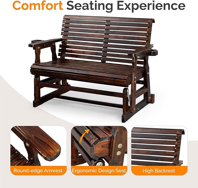 VINGLI Wooden Patio Glider, Heavy Duty 800 LBS Outdoor Glider with Cup Holders - Photo 5
