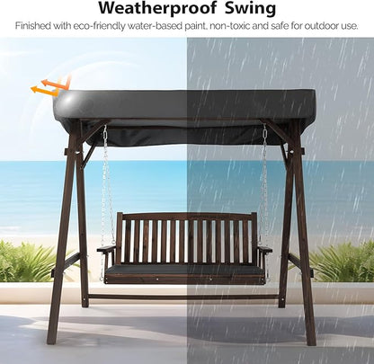 VINGLI Porch Swing with Stand, Wooden Swing & Stand with Canopy, Hanging Swing Chair with Stand for Garden, Patio and Yard (Rustic)
