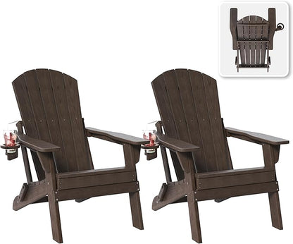 Folding Adirondack Chair Set of 2 with Cup Holders, HDPE All Weather Resistant Plastic Outdoor Patio Chairs, Heavy Duty Fire Pit Seating for Backyard Lawn Garden, Wooden Textured(Coffee)