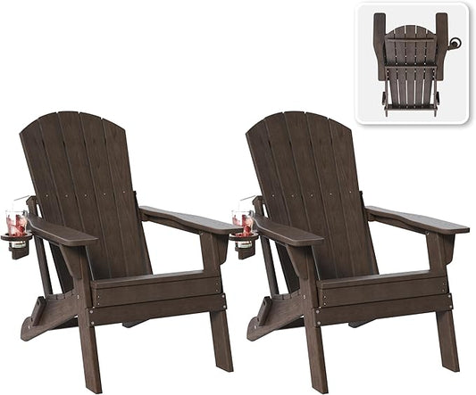 Folding Adirondack Chair Set of 2 with Cup Holders, HDPE All Weather Resistant Plastic Outdoor Patio Chairs, Heavy Duty Fire Pit Seating for Backyard Lawn Garden, Wooden Textured(Coffee)