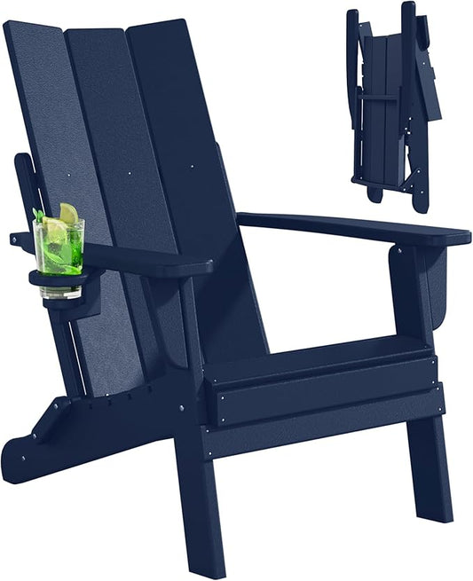 Folding Adirondack Chair, All-Weather Resistant HDPE Patio Firepit Seat, Sturdy Outside Furniture With Cup Holder, Pre-Installed Lawn Seat, Load Capacity 385lb, Navy Blue