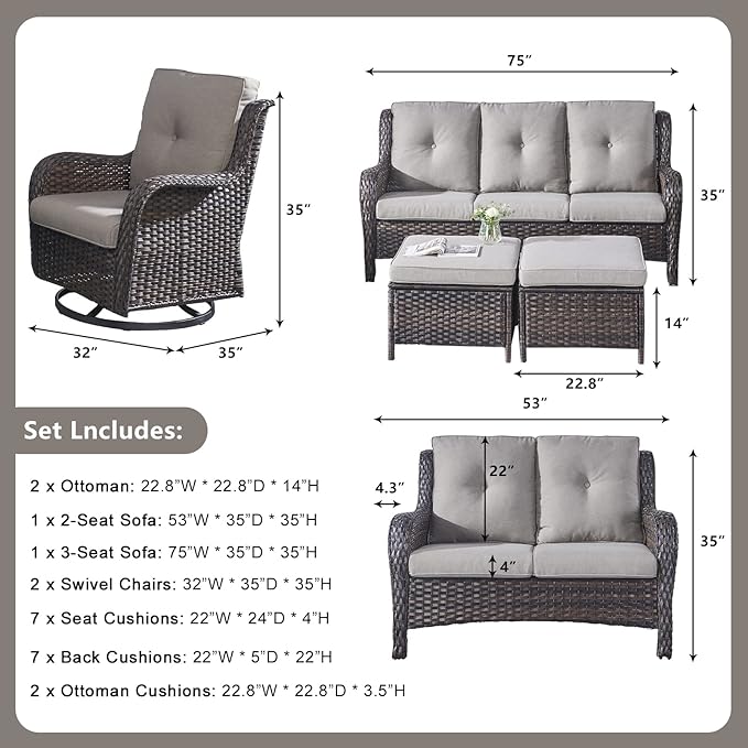 Rilyson Wicker Patio Furniture Set - 6 Piece Rattan Outdoor Sectional Conversation Sets with 2 Rocking Swivel Chairs - Photo 3