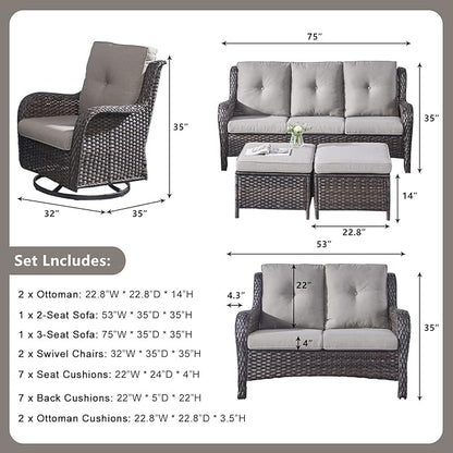 Rilyson Wicker Patio Furniture Set - 6 Piece Rattan Outdoor Sectional Conversation Sets with 2 Rocking Swivel Chairs,2 Ottomans,1 Sofa and 1 Loveseat for Porch Deck Garden(Brown/Grey)