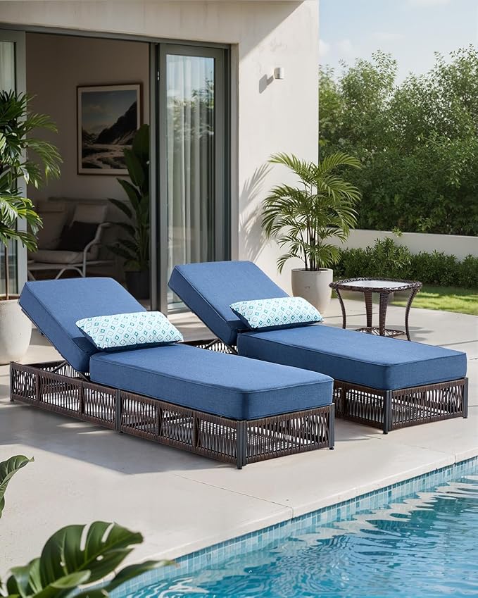 Luxury Outdoor Chaise Lounges with 5 Inch Thickened Cushions - Set of 2 High Back Brown Wicker Patio Recliners Rattan - Photo 6