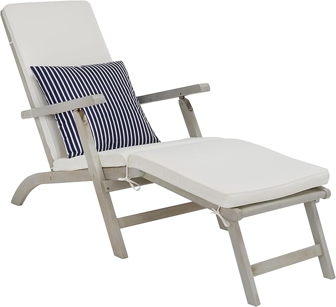 SAFAVIEH Outdoor Collection Palmdale Grey Solid Wood/Beige Cushion with Striped Pillow Chaise Lounge Chair (PAT7015F)
