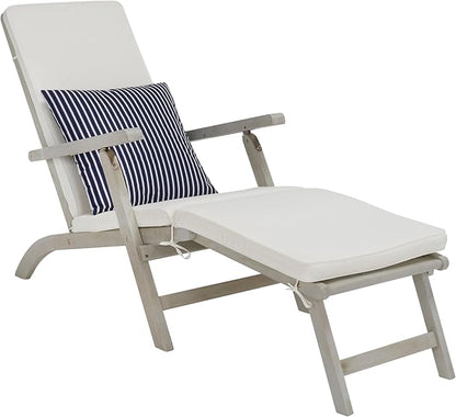 SAFAVIEH Outdoor Collection Palmdale Grey Solid Wood/Beige Cushion with Striped Pillow Chaise Lounge Chair (PAT7015F)