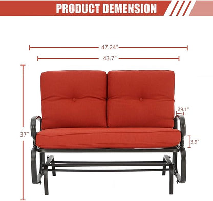 Outdoor Swing Glider Rocking Bench, Garden Loveseat Chair, Patio Steel Frame Chair Wrought Iron Look with Thick Cushion(Red)