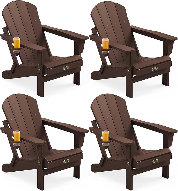 SERWALL Folding Adirondack Chair Set of 4, Weather Resistant HIPS Patio Chairs with Cup Holder for Garden Outdoors Fire Pit- Coffee