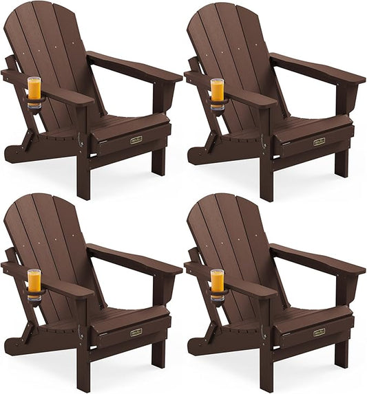 SERWALL Folding Adirondack Chair Set of 4, Weather Resistant HIPS Patio Chairs with Cup Holder for Garden Outdoors Fire Pit- Coffee