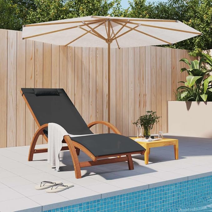 Sun Lounger Grey Textilene Standard Foldable Outdoor Chaise Lounge Chair, Solid Poplar Wood Frame - Photo 1