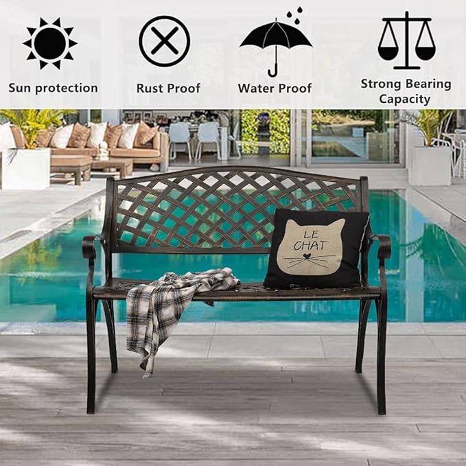 Outdoor Garden Bench, 40.5" Outdoor Aluminum Garden Bench, Waterproof Patio Bench, Garden Park Bench, Weight Capacity 529 LBS, for Lawn, Yard, Porch, Work Entryway (Bronze)