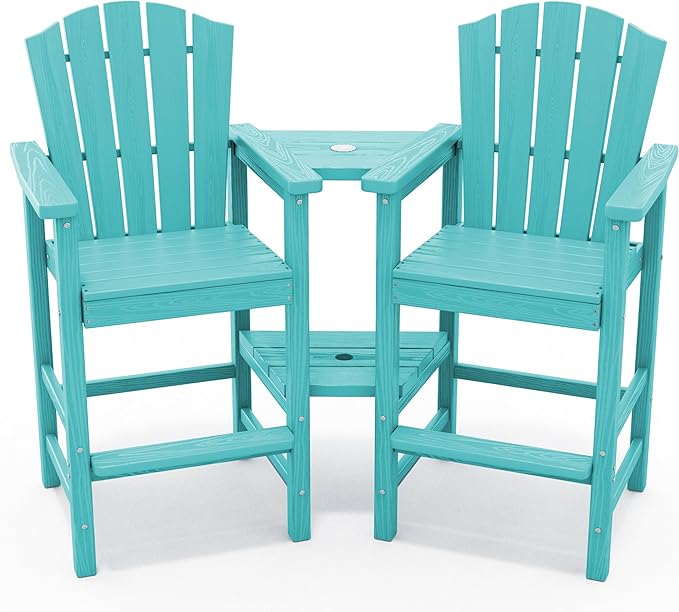 KINGYES Tall Adirondack Chair Set of 4, HDPE Tall Adirondack Barstools with Double Connecting Trays, Embossed Bar Height Adirondack Chair for 2, All Weather Resistant Balcony Adirondack Chairs, Aruba