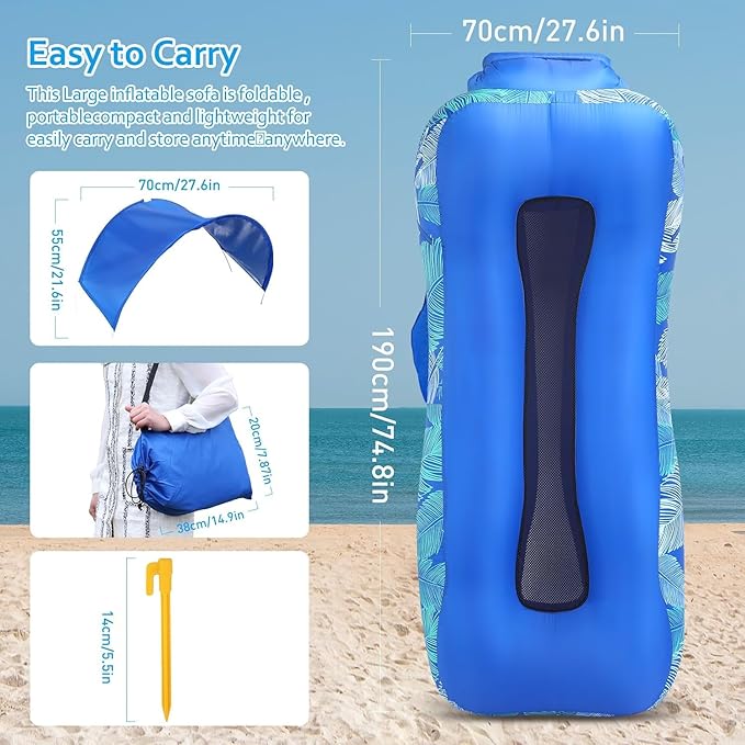 Inflatable Lounger Beach Chair with Unique Sun-Shade Design, Inflatable Air Sofa with Pillow - Photo 5