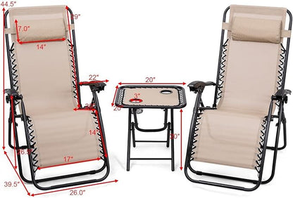 Giantex 3 PCS Zero Gravity Chair Patio Chaise Lounge Chairs Outdoor Yard Pool Recliner Folding Lounge Table Chair Set Backyard Lounge Chairs (Beige)