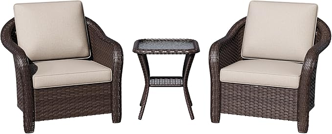3 Piece Patio Wicker Bistro Set, 2 All-Weather Use Outdoor Wicker Chairs with PE Rattan Side Table, Ideal for Porch - Photo 7