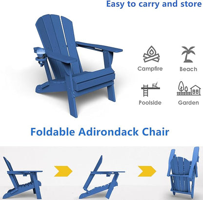 GLANC Folding Adirondack Chair Set of 2, HDPE All-Weather Outdoor Patio Fire Pit Chairs Lawn Chair for Poolside Backyard Deck Balcony, Wooden Textured with Cup Holder, 380LBS Capacity (Navy Blue)