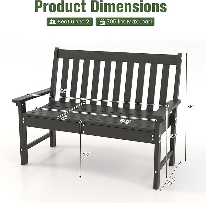 Tangkula HDPE Outdoor Garden Bench with Backrest, 2-Person All-Weather Patio Loveseat Chair with Slatted Seat, 705 lbs Weight Capacity, Patio Benches for Balcony, Garden, Porch, Backyard & Park, Black