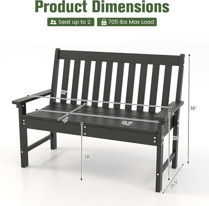 Tangkula HDPE Outdoor Garden Bench with Backrest, 2-Person All-Weather Patio Loveseat Chair with Slatted Seat, 705 lbs Weight Capacity, Patio Benches for Balcony, Garden, Porch, Backyard & Park, Black