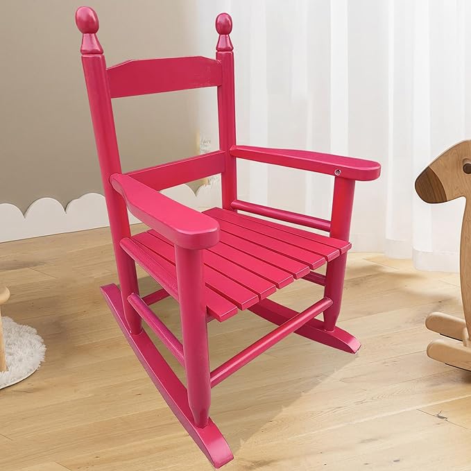 Toddler Rocking Chair for Kids Age 2-5, Hardwood Porch Rocker with Back Support & Armrest for Small Spaces Living Room Outdoor Garden, Easy Assembly (Rose Red)