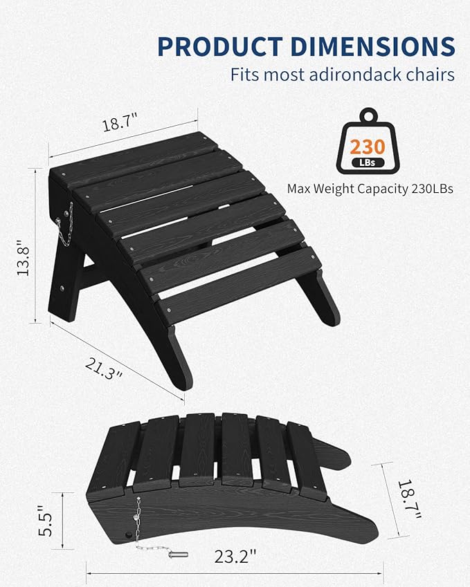 Garvee Folding Adirondack Ottoman, HDPE Outdoor Footrest for Adirondack Chair, All-Weather Resistant for Deck Backyard Patio Outside Poolside Porch Lawn - Black