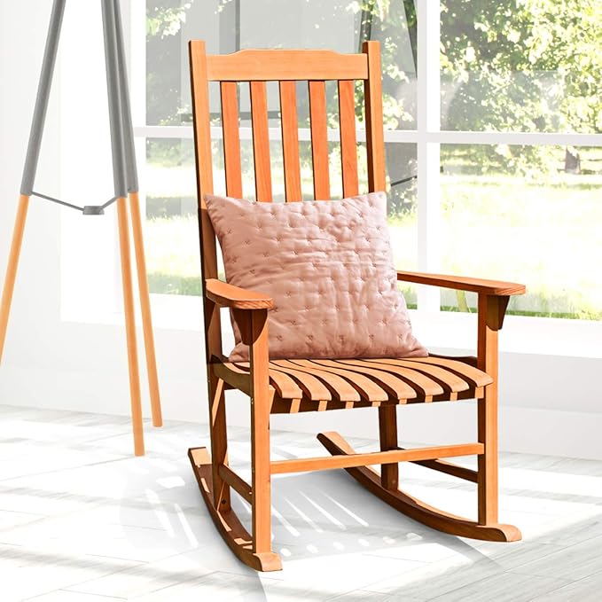 Giantex Porch Rocking Chair Outdoor and Indoor Use, Solid Eucalyptus Wood Rocker with Natural Finish, Front Porch Chairs for Patio Deck Garden, Wooden Rocking Adirondack Chair Set