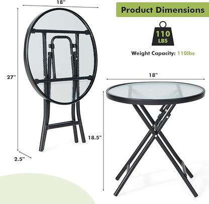 Tangkula Patio Bistro Table, 18" Round Side Table with Tempered Glass Tabletop, Rustproof Frame and Stable X-Shaped Structure, Folding Side Table for Indoor and Outdoor Use