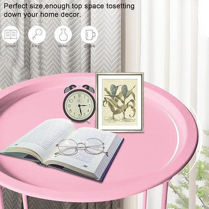 Garden 4 you End Table Metal Side Table Pink Round Folding Tray Cyan Sofa Small Accent Fold-able Table, Round End Table Tray, Next to Sofa Table, Snack Table for Living Room and Bed Room