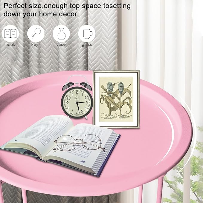 Garden 4 you End Table 2 PCS Metal Side Table Pink Round Folding Tray Cyan Sofa Small Accent Fold-able Table - Photo 8