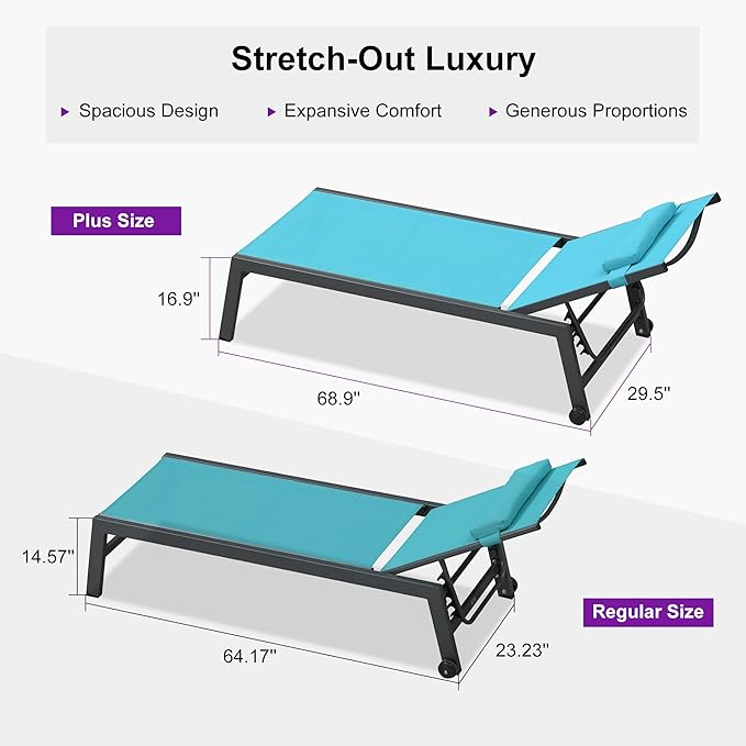 PURPLE LEAF Outdoor Oversized Lounge Chair Set of 3 Patio Chaise Pool Lounger Aluminum Frame with Side Table and Wheels - Photo 4