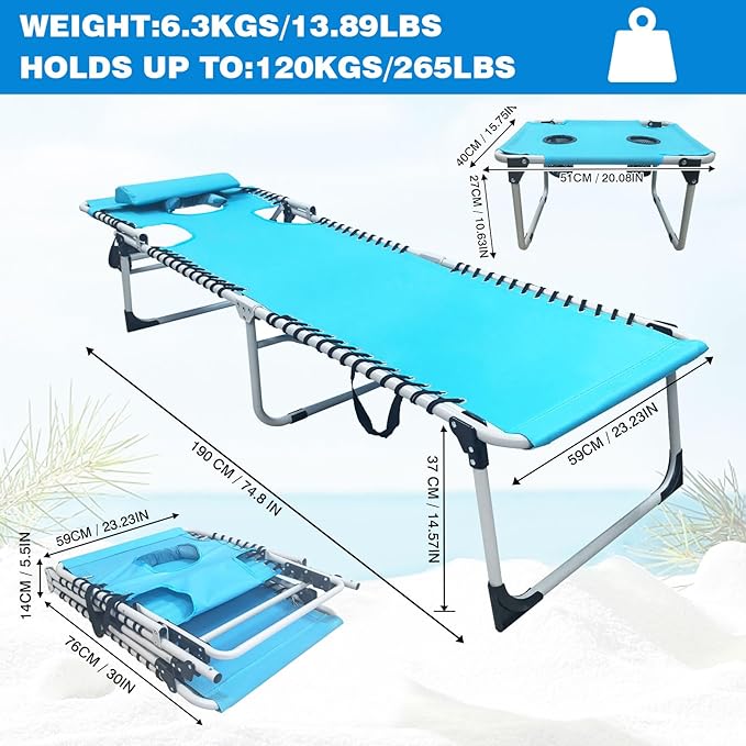 Sun Tanning Chair with Face Hole 5-Position Folding Lounge Chair Outdoor with Portable Beach Table for Poolside Sunbathing Camping Lawn Backyard