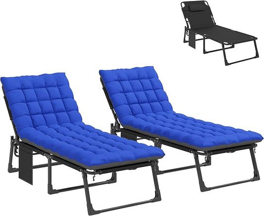 Outsunny Chaise Lounge Chair Outdoor Set of 2, 5-Position Reclining Pool Lounge Chairs with Cushions, Side Pocket, Headrest, Folding Lounger Tanning Chair Camping Cot for Patio, Beach, Dark Gray/Blue