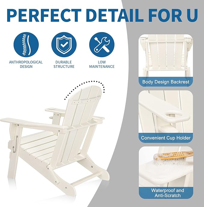 VINGLI Plastic Adirondack Chairs Set of 4, Folding with Cup Holder, Waterproof HDPE Material, Comfortable 380lb Weight Capacity for Outdoor Pool Patio Lounge Chair Lawn Furniture Firepit (White)