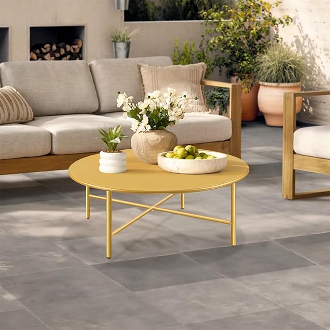 Patio Round Steel Patio Coffee Table, Weather Resistant Anti-Rust and Waterproof Indoor and Outdoor Large Side Table, for Garden Living Room Bedroom Balcony（Gold）
