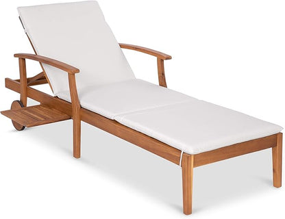 Best Choice Products 79x26in Acacia Wood Chaise Lounge Chair Recliner, Outdoor Furniture for Patio, Poolside w/Slide-Out Side Table, Foam-Padded Cushion, Adjustable Backrest, Wheels - Cream