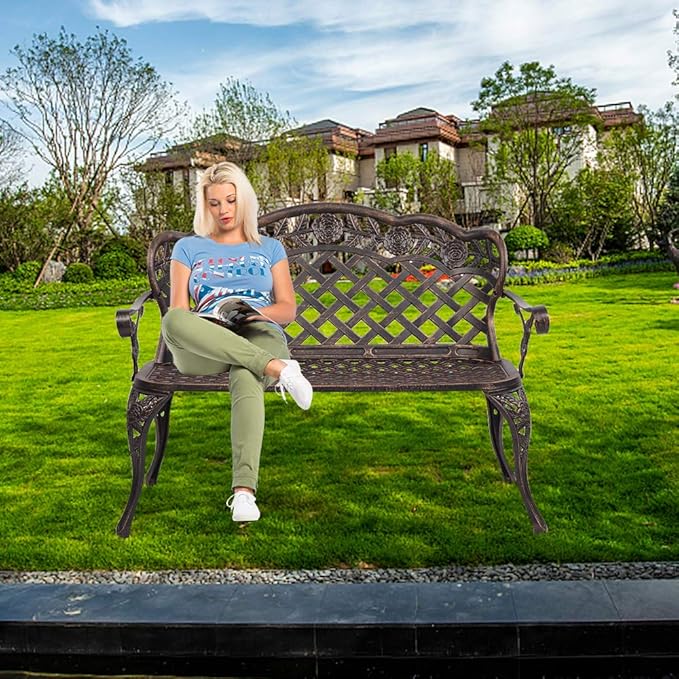 Ochine Patio Garden Bench Outdoor Furniture Metal Rose Loveseat Benches Cast Aluminum Front Porch Chair Seat Rose Carving Antique Bronze for Patio, Park, Lawn, Deck (Ship from USA)