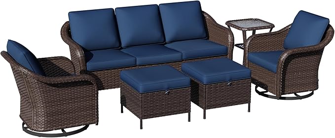 6 Piece Patio Wicker Conversation Set, All-Weather Use Outdoor Wicker Sofa with 2 PE Rattan Ottomans, 2 Swivel Chair - Photo 8