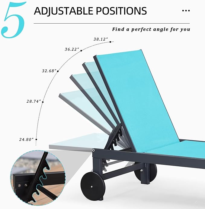 PURPLE LEAF Outdoor Chaise Lounge with Wheels for Outside 4 Pieces Aluminum Patio Lounge Chair with 5 Adjustable Position Recliner for Patio Beach Yard Pool Side Table Included Turquoise Blue
